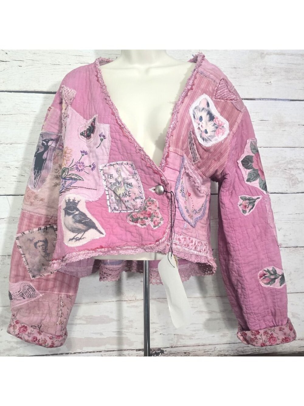 OOAK Magnolia Boho Quilt Jacket Appliques Wearable Art Upcycle Reworked Pink XL